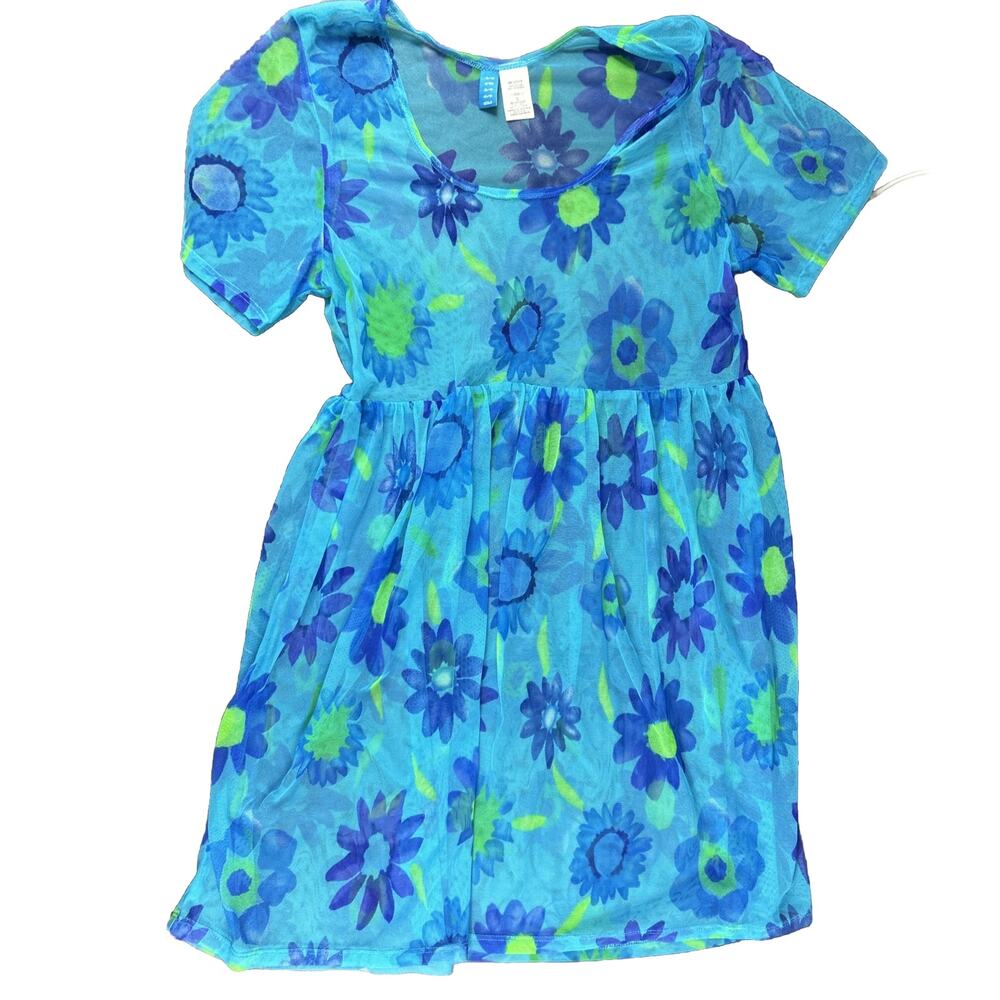 VTG Floral Mesh Sheer Babydoll Dress Electric Blue Green Festival Rave Dopamine